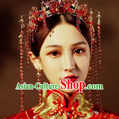 Chinese Traditional Palace Hair Accessories Wedding Red Beads Tassel Phoenix Coronet Ancient Xiuhe Suit Hairpins Complete Set for Women