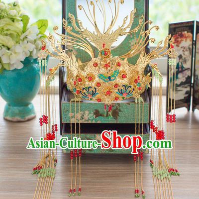 Chinese Traditional Wedding Hair Accessories Ancient Xiuhe Suit Phoenix Coronet Bride Hairpins Step Shake for Women