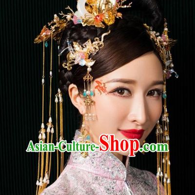 Chinese Traditional Palace Hair Accessories Tassel Step Shake Jade Phoenix Coronet Ancient Xiuhe Suit Hairpins for Women