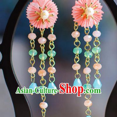 Chinese Ancient Bride Classical Accessories Pink Earrings Wedding Jewelry Hanfu Eardrop for Women