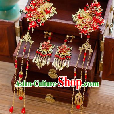 Chinese Traditional Palace Hair Accessories Xiuhe Suit Hair Clip Ancient Tassel Hairpins Complete Set for Women
