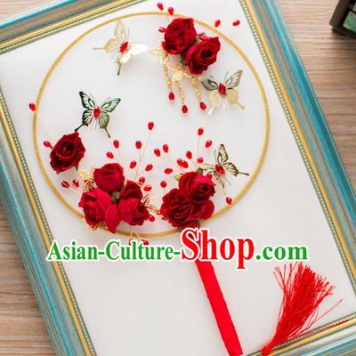 Chinese Classical Bride Accessories Wedding Fans Palace Red Flowers Round Fans for Women
