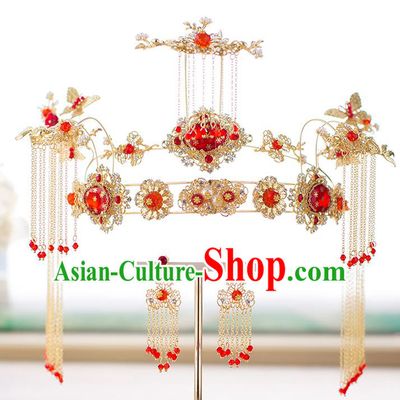 Chinese Traditional Palace Hair Accessories Phoenix Coronet Xiuhe Suit Hairpins Ancient Tassel Hair Clips Complete Set for Women