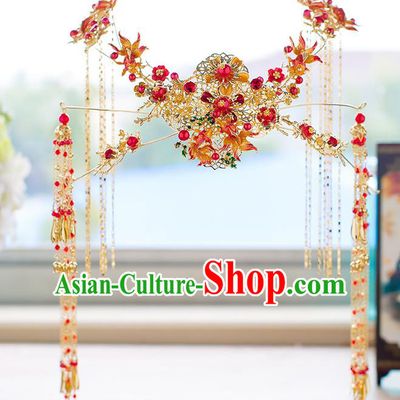 Chinese Traditional Palace Hair Accessories Phoenix Coronet Ancient Xiuhe Suit Tassel Hairpins Complete Set for Women