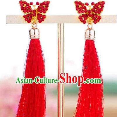 Chinese Ancient Bride Classical Accessories Earrings Wedding Jewelry Hanfu Red Crystal Butterfly Eardrop for Women
