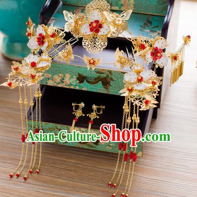 Chinese Traditional Palace Hair Accessories Ancient Xiuhe Suit Golden Phoenix Coronet Hairpins for Women