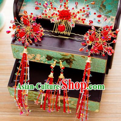 Chinese Traditional Palace Hair Accessories Ancient Xiuhe Suit Red Rose Phoenix Coronet Hairpins for Women