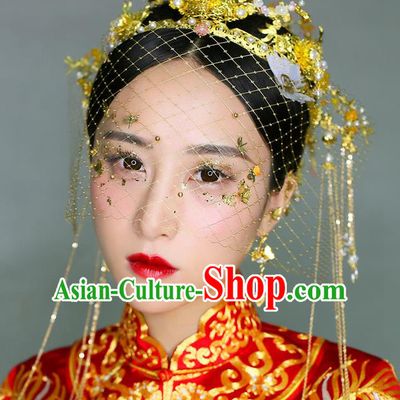 Chinese Traditional Palace Hair Accessories Ancient Hairpins Xiuhe Suit Golden Phoenix Coronet Complete Set for Women