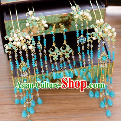 Chinese Traditional Palace Hair Accessories Ancient Hairpins Xiuhe Suit Blue Hair Clips Complete Set for Women