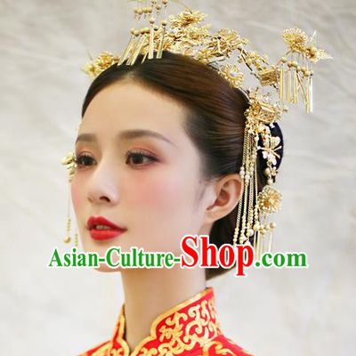 Chinese Traditional Palace Hair Accessories Ancient Hairpins Tassel Phoenix Coronet Xiuhe Suit Hair Clips Complete Set for Women