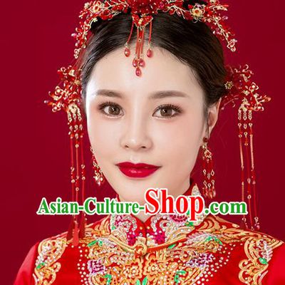 Chinese Traditional Palace Hair Accessories Red Phoenix Coronet Ancient Hairpins Xiuhe Suit Tassel Step Shake Complete Set for Women