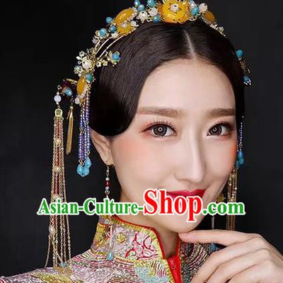 Chinese Traditional Palace Hair Accessories Ancient Hairpins Xiuhe Suit Tassel Hair Clips Complete Set for Women