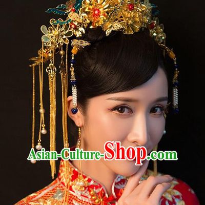 Chinese Traditional Palace Hair Accessories Ancient Hairpins Xiuhe Suit Tassel Blueing Phoenix Coronet Complete Set for Women