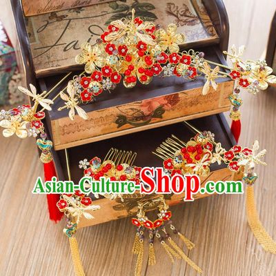 Chinese Traditional Palace Hair Accessories Ancient Hairpins Xiuhe Suit Red Flowers Phoenix Coronet for Women