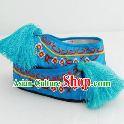 Chinese Traditional Embroidered Shoes Ancient Beijing Opera Blue Blood Stained Shoes for Women