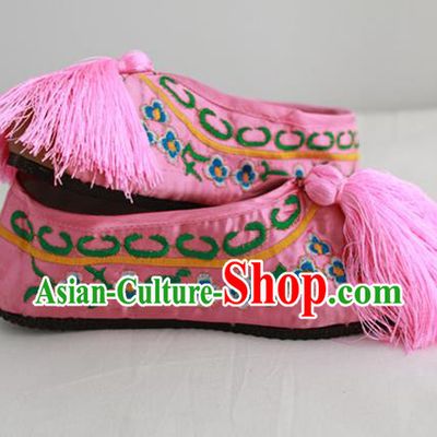 Chinese Traditional Embroidered Shoes Ancient Beijing Opera Pink Blood Stained Shoes for Women