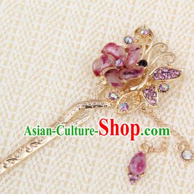 Chinese Traditional Palace Hair Accessories Ancient Purple Flowers Hairpins Crystal Hair Clips for Women