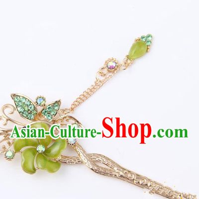 Chinese Traditional Palace Hair Accessories Ancient Green Flowers Hairpins Crystal Hair Clips for Women