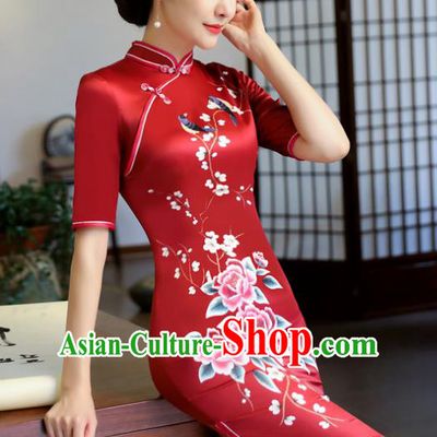 Top Grade Chinese Elegance Red Qipao Dress National Costume Traditional Mandarin Cheongsam for Women