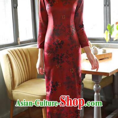 Top Grade Chinese Elegance Red Watered Gauze Qipao Dress National Costume Traditional Mandarin Cheongsam for Women