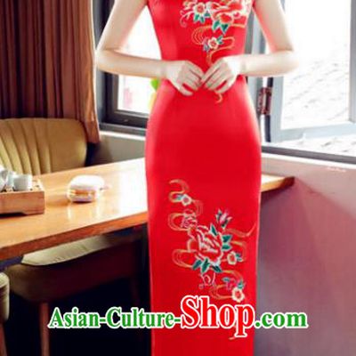 Top Grade Chinese Printing Peony Red Silk Qipao Dress National Costume Traditional Mandarin Cheongsam for Women