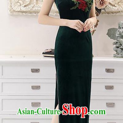 Top Grade Chinese National Costume Green Pleuche Qipao Dress Traditional Lace Cheongsam for Women