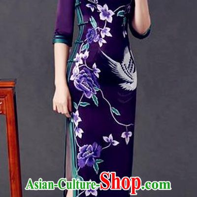 Top Grade Chinese National Costume Printing Crane Purple Silk Qipao Dress Traditional Lace Cheongsam for Women