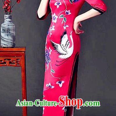 Top Grade Chinese National Costume Printing Crane Red Silk Qipao Dress Traditional Lace Cheongsam for Women