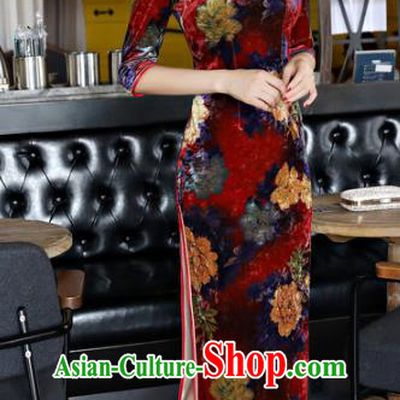 Top Grade Chinese National Costume Dark Red Velvet Qipao Dress Traditional Lace Cheongsam for Women