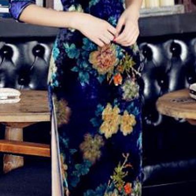 Top Grade Chinese National Costume Blue Velvet Qipao Dress Traditional Lace Cheongsam for Women