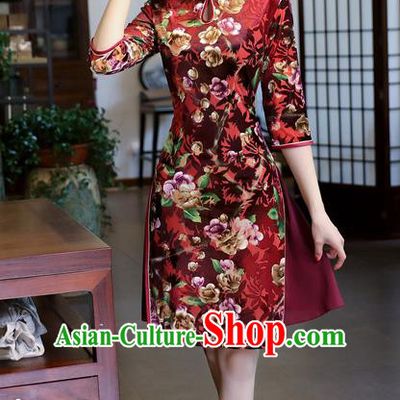 Chinese National Costume Handmade Printing Purplish Red Qipao Dress Traditional Cheongsam for Women