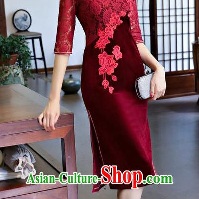 Chinese National Costume Handmade Embroidered Qipao Dress Traditional Red Lace Cheongsam for Women