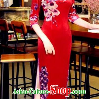 Chinese National Costume Handmade Qipao Dress Traditional Printing Red Cheongsam for Women