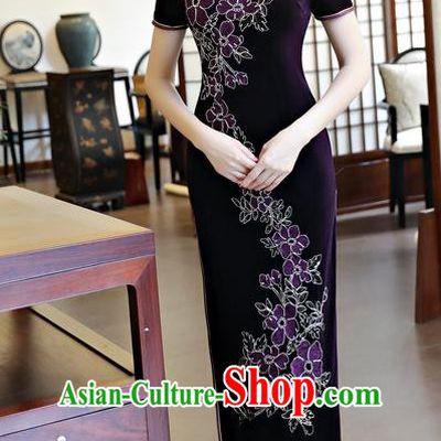 Chinese National Costume Handmade Qipao Dress Traditional Tang Suit Purple Velvet Cheongsam for Women