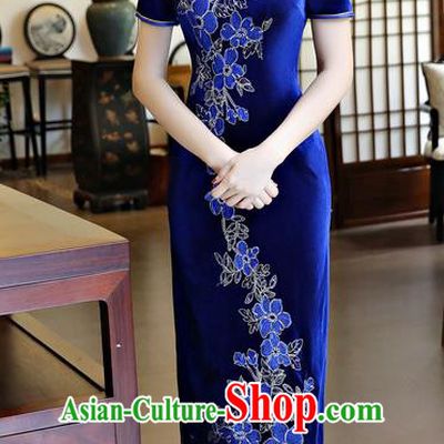 Chinese National Costume Handmade Qipao Dress Traditional Tang Suit Royalblue Velvet Cheongsam for Women