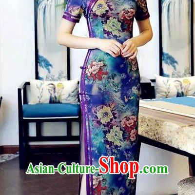 Chinese National Costume Handmade Tang Suit Qipao Dress Traditional Printing Peony Blue Cheongsam for Women