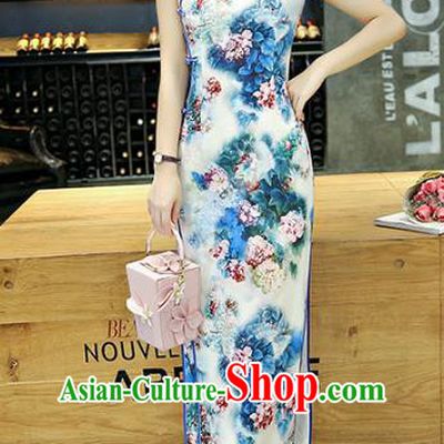 Chinese National Costume Handmade Silk Tang Suit Qipao Dress Traditional Ink Painting Peony Blue Cheongsam for Women