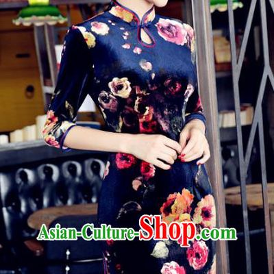 Chinese National Costume Handmade Qipao Dress Traditional Tang Suit Printing Velvet Cheongsam for Women