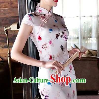 Chinese National Costume Tang Suit White Silk Qipao Dress Traditional Printing Cheongsam for Women