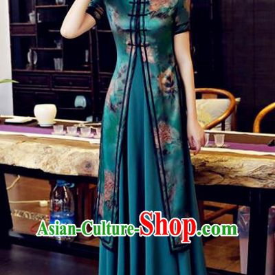 Chinese National Costume Tang Suit Silk Qipao Dress Traditional Printing Two-pieces Blue Cheongsam for Women