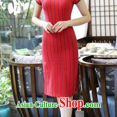 Chinese National Costume Tang Suit Qipao Dress Traditional Red Linen Cheongsam for Women