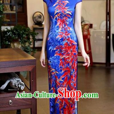 Chinese National Costume Tang Suit Qipao Dress Traditional Printing Maple Leaf Blue Cheongsam for Women