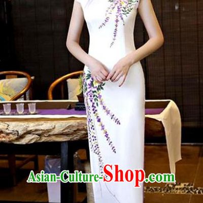 Chinese National Costume Tang Suit Qipao Dress Traditional Printing Wisteria White Cheongsam for Women