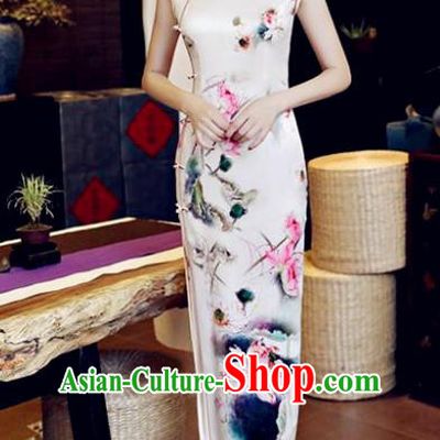 Chinese National Costume Tang Suit Qipao Dress Traditional Printing Lotus Flower Cheongsam for Women