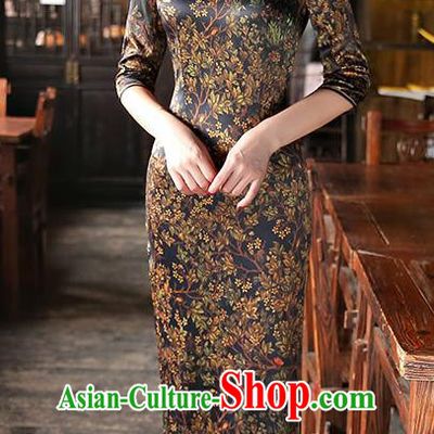 Chinese National Costume Tang Suit Retro Qipao Dress Traditional Printing Cheongsam for Women