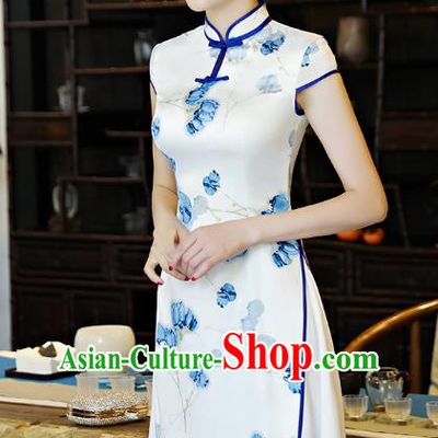 Chinese National Costume Tang Suit Retro Qipao Dress Traditional Printing White Silk Cheongsam for Women