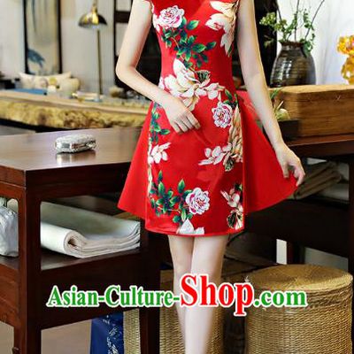 Chinese National Costume Tang Suit Retro Qipao Dress Traditional Printing Red Silk Cheongsam for Women