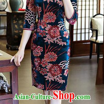 Chinese National Costume Handmade Peacock Blue Velvet Qipao Dress Traditional Tang Suit Printing Chrysanthemum Cheongsam for Women