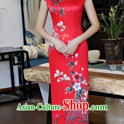 Chinese National Costume Handmade Red Silk Qipao Dress Traditional Tang Suit Printing Cheongsam for Women