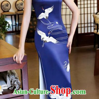 Chinese National Costume Handmade Royalblue Silk Qipao Dress Traditional Tang Suit Printing Crane Cheongsam for Women